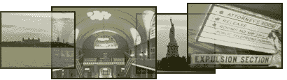Collage of photos of Ellis Island, Grand Central Station, the Statue of Liberty, and legal terms board.